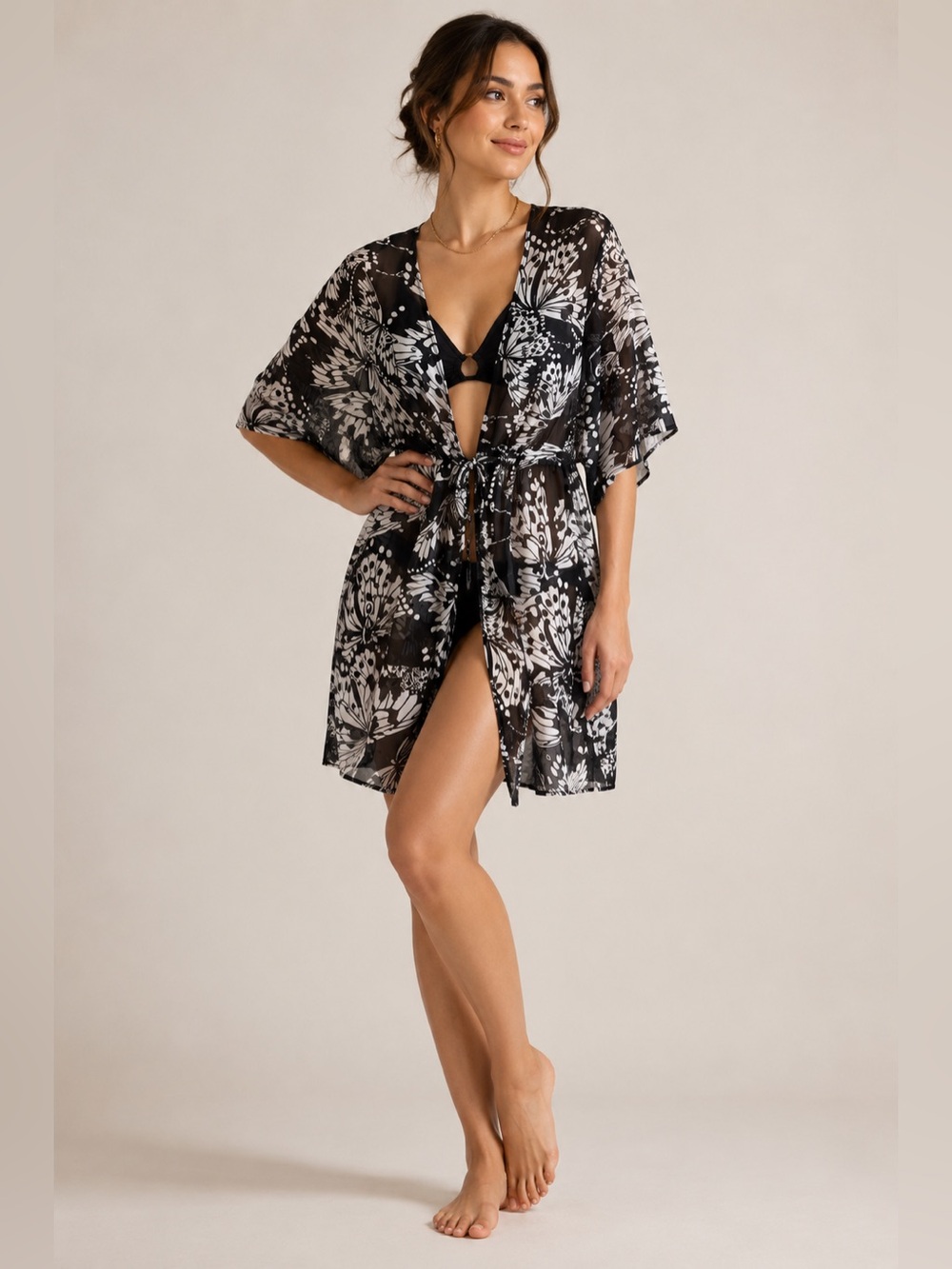 Contour Black & White Floral Tie Waist Kimono Swimsuit Cover Size Large